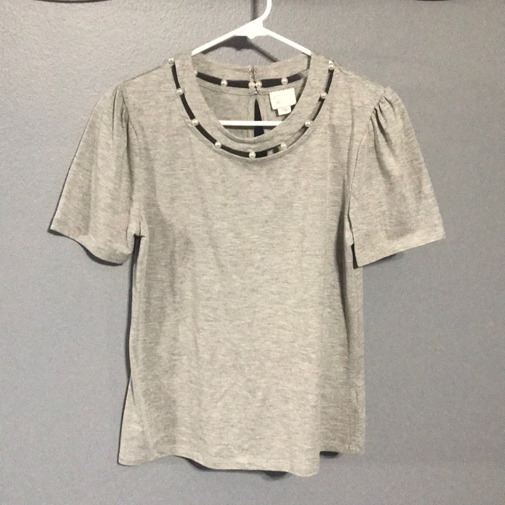 Anthro Postmark Pearl Cutout Grey Short Sleeve Top - Picture 2 of 6